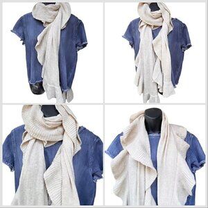 H & M Ruffle Trim Long Wool Blend Knitted Beige Scarf 18”x70” NWT Coastal Snow